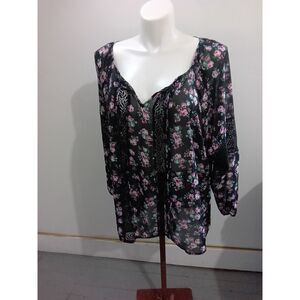Derek Heart Plus Black Floral Sheer Tunic Top Lace Trim Size 3X